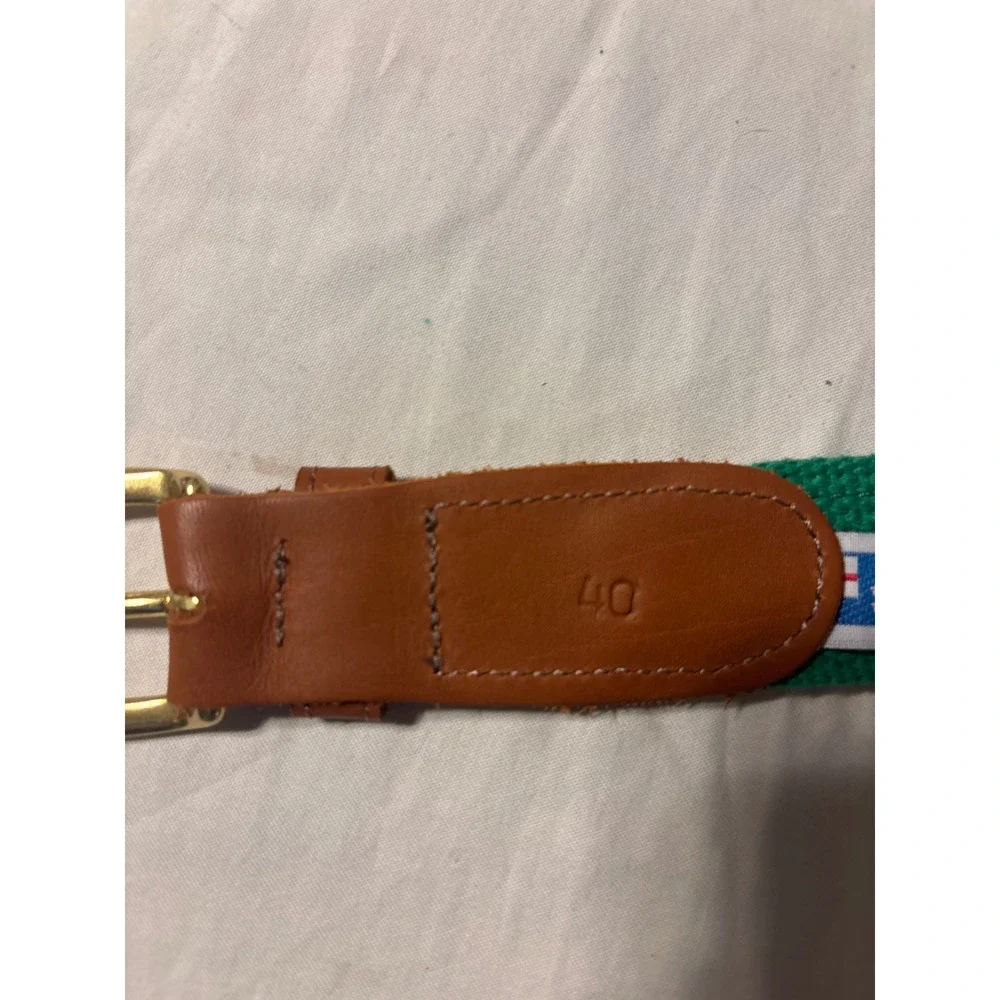 Preston Canvas Leather Belt‎ Mens 40 Green Navy Embroidered Golf Motif Good
